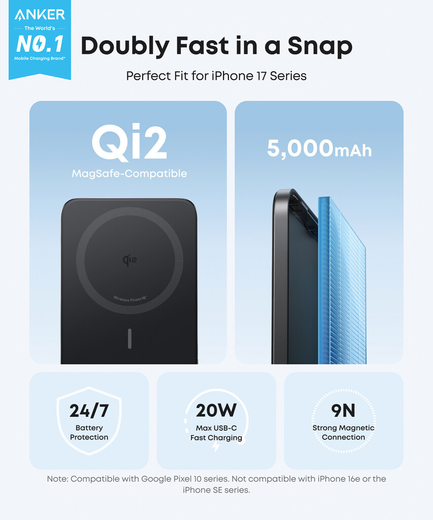 Anker Nano 5000 mAh 15W MagGo Slim Qi2 Magnetisk Trådløs Powerbank