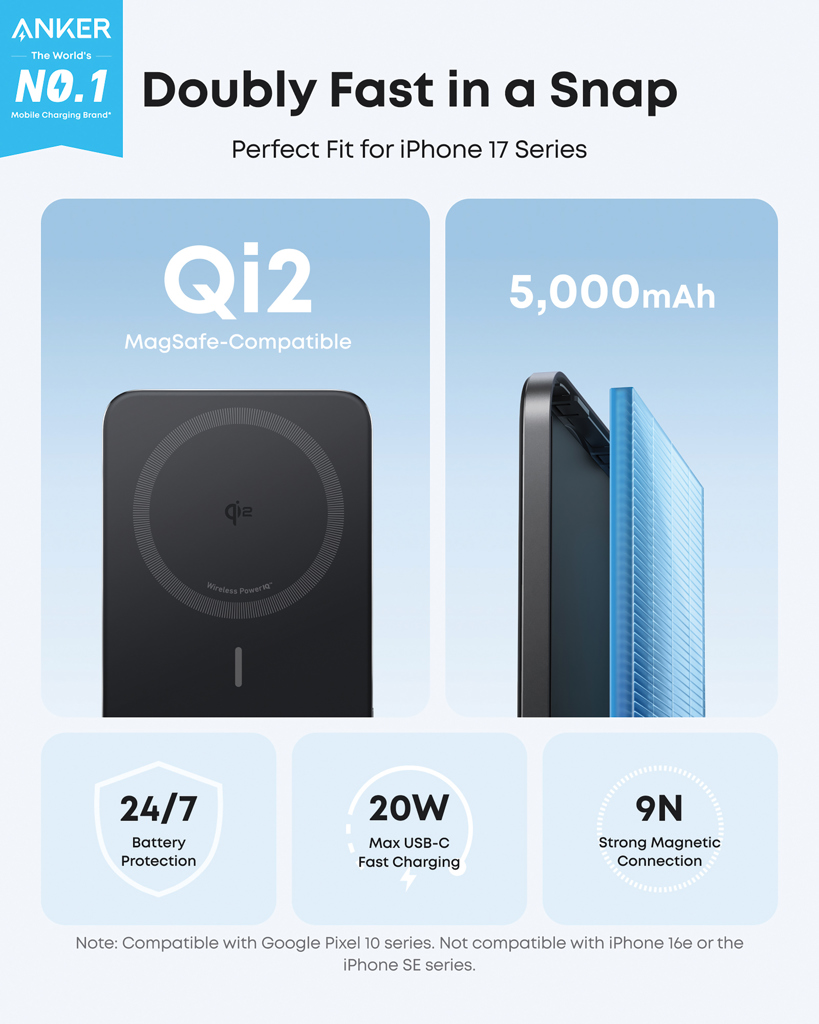 Anker Nano 5000 mAh 15W MagGo Slim Qi2 Magnetisk Trådløs Powerbank
