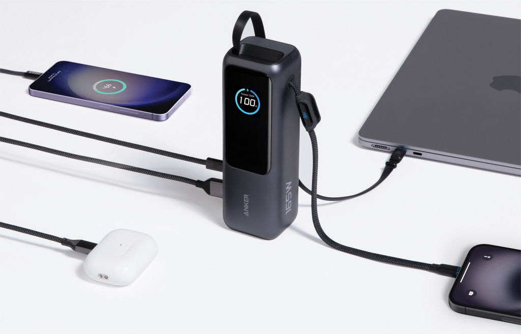 Anker Powerbank 25.000 mAh 165W med Innebygd Uttrekkbar Ladekabel